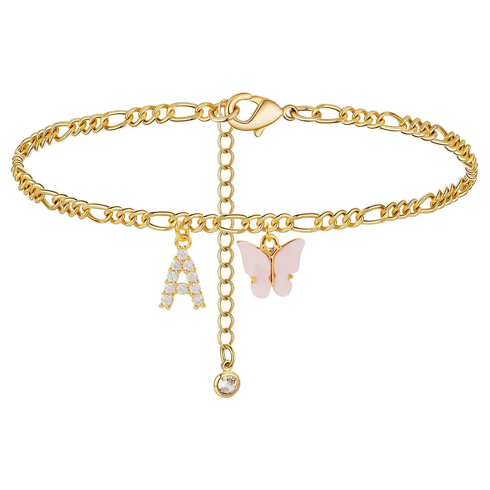 KMVEXO Stainless Steel Initial A-Z Letter Anklets For Women Girl Butterfly Trend Leg Chain Waterproof Jewelry Gift Party