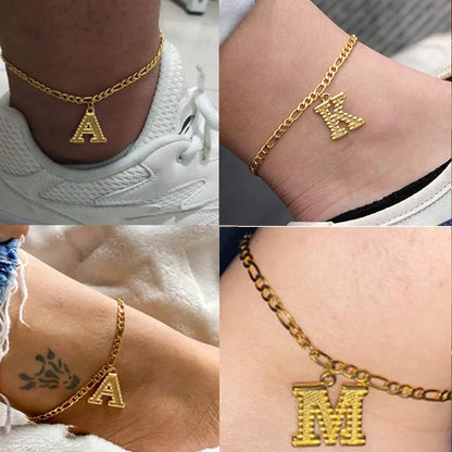 2Pcs Stainless Steel Initial Anklet Set For Women 26 Letter Gold Color Chain On Foot Summer Ankle Bracelet Jewelry Accessories