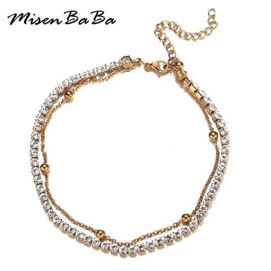 MisenBaBa Multilayer Stainless Steel Rhinestone Crystal Anklet For Women Yoga Beach Leg Chain Anklets Foot Jewelry