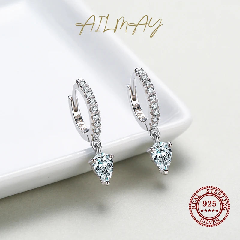 Ailmay 100% 925 Sterling Silver Fashion Clear CZ Water Drop Shape Sparkling Hoop Earrings  For Women Wedding Statement Jewelry