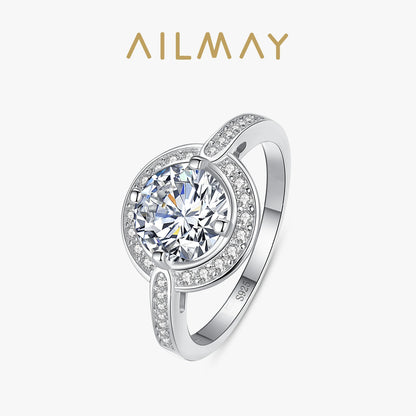 Ailmay 10 Hearts Arrows Zircon Rings Round Luxury Classic Style Solid 925 Sterling Silver For Women Classic Wedding Jewelry