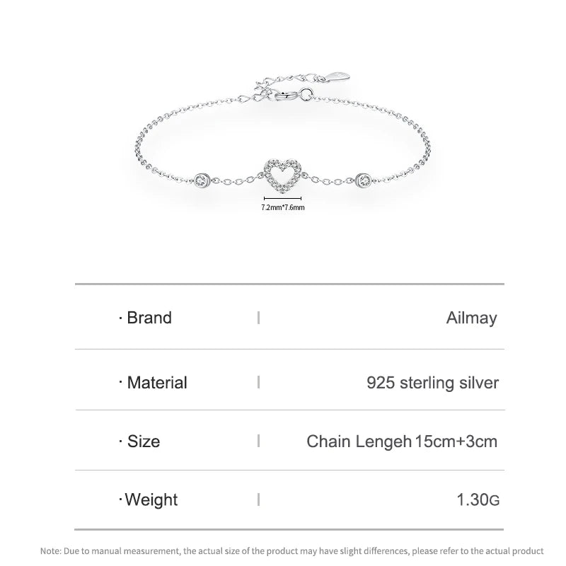 Ailmay Solid 925 Sterling Silver Charm Cute Heart Sparkling Zirconia Link Chain Bracelet For Women Female Valentine's Day Gifts