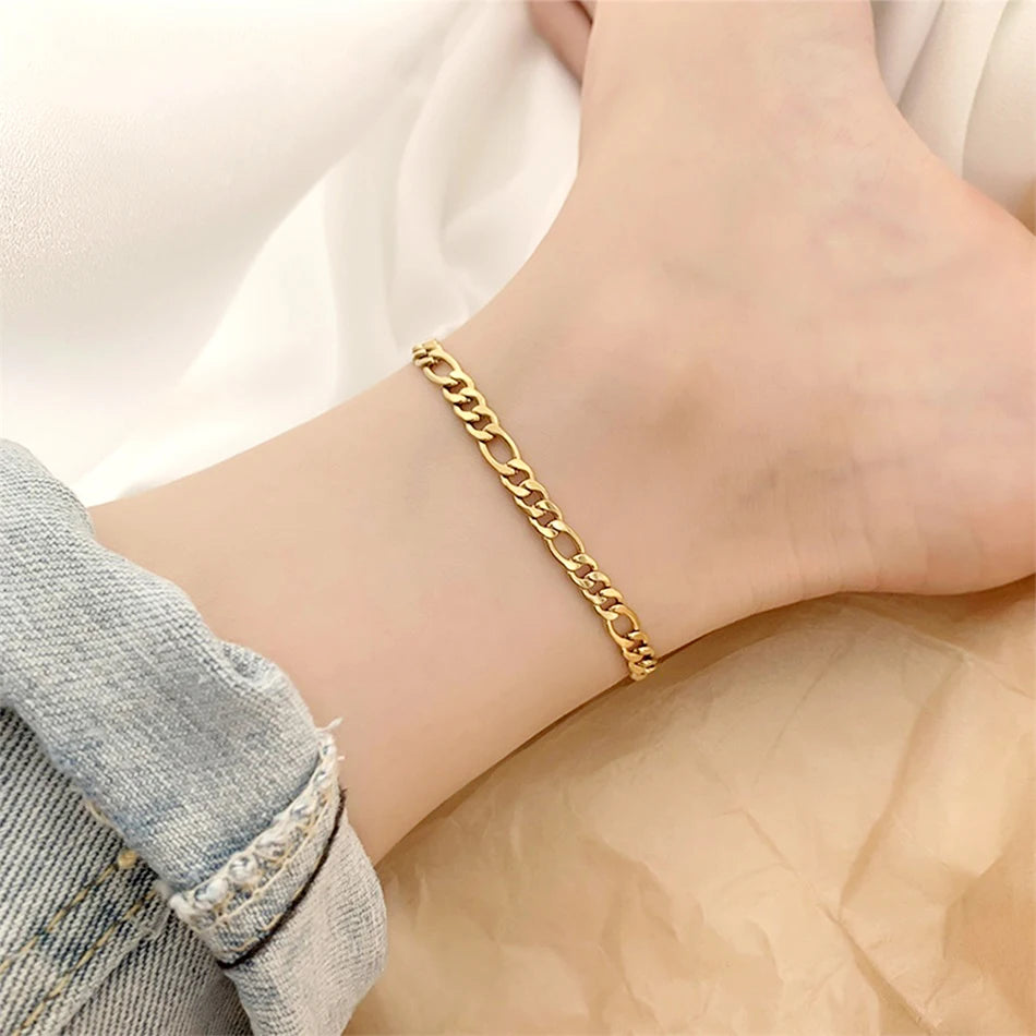 Dainty Stainless steel Gold Color Miami Cuban Link Chain Anklet Trendy 3MM Thick Curb Chain Waterproof  Jewelry for Women Gifts