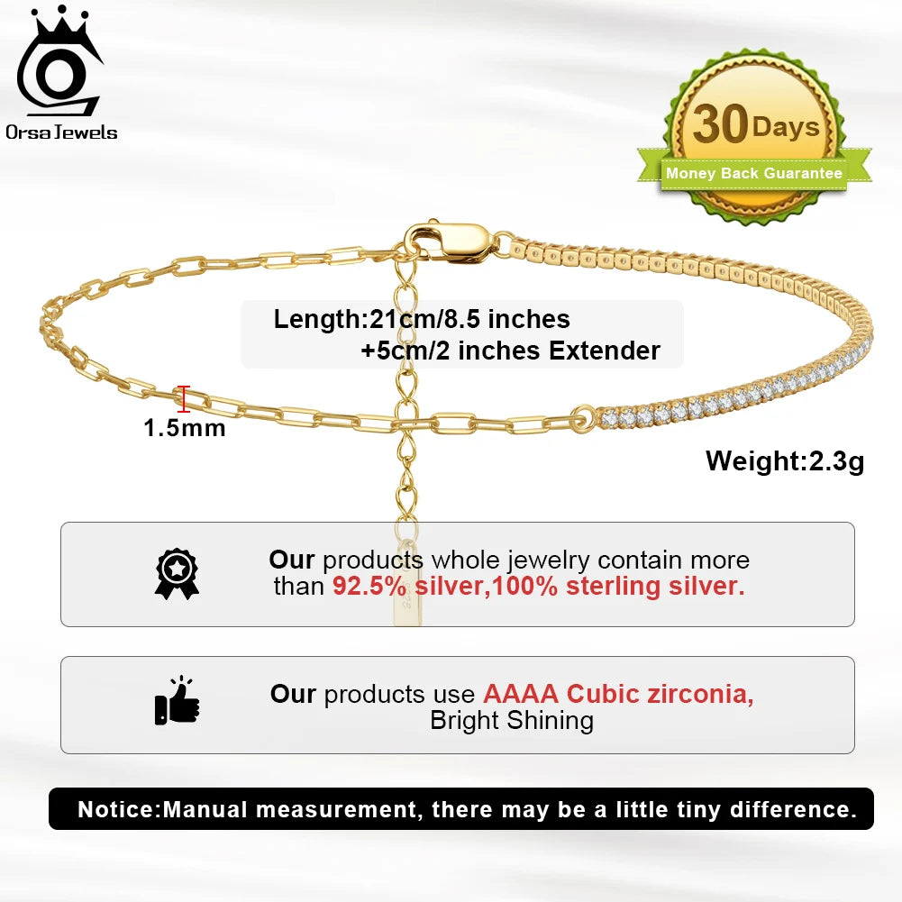 ORSA JEWELS 925 Sterling Silver Tennis Chain Anklet Clear AAAA Zirconia Half Chain Half Tennis for Women Birthday Gift SA21