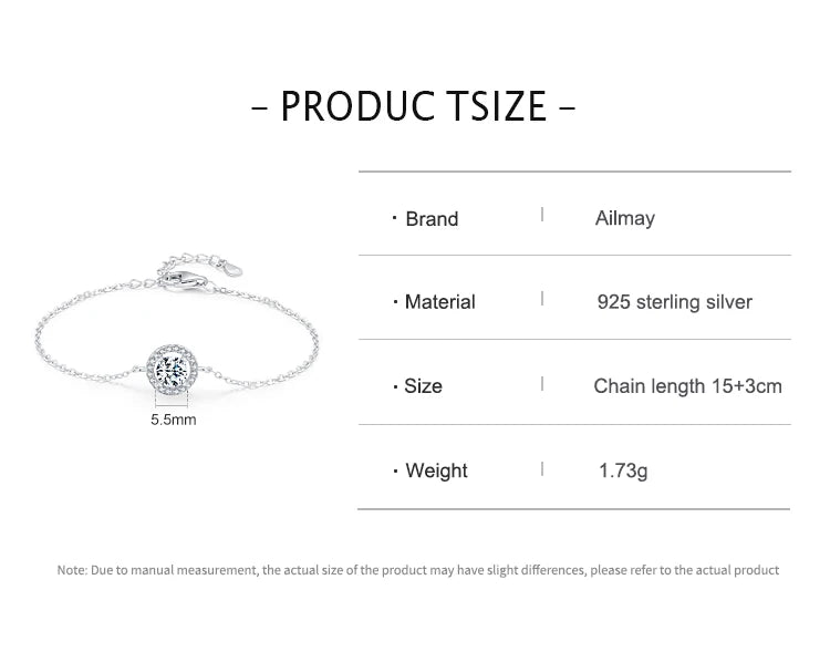 Ailmay 925 Sterling Silver Fashion 1Ct Round Sparkling CZ Link Chain Charm Bracelet For Women Wedding Statement Fine Jewelry