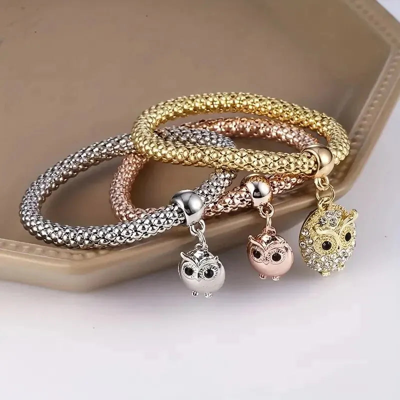 3 PCS Set Heart Lock Key Music Sign Charm Bracelet Owl Rose Gold Plating Silver Color Chain Owm Charm Bangle Jewelry Set