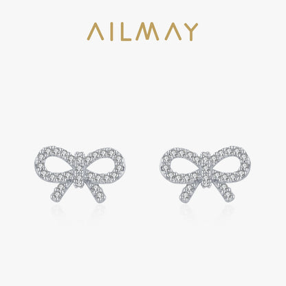 Ailmay Real 925 Sterling Silver Cute Elegant Bowknot Shiny CZ Stud Earrings For Women Girls Fine Jewelry Valentine's Day Gift