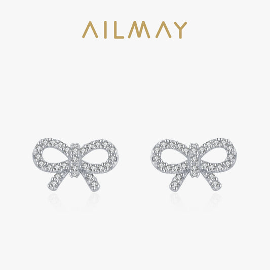 Ailmay Real 925 Sterling Silver Cute Elegant Bowknot Shiny CZ Stud Earrings For Women Girls Fine Jewelry Valentine's Day Gift