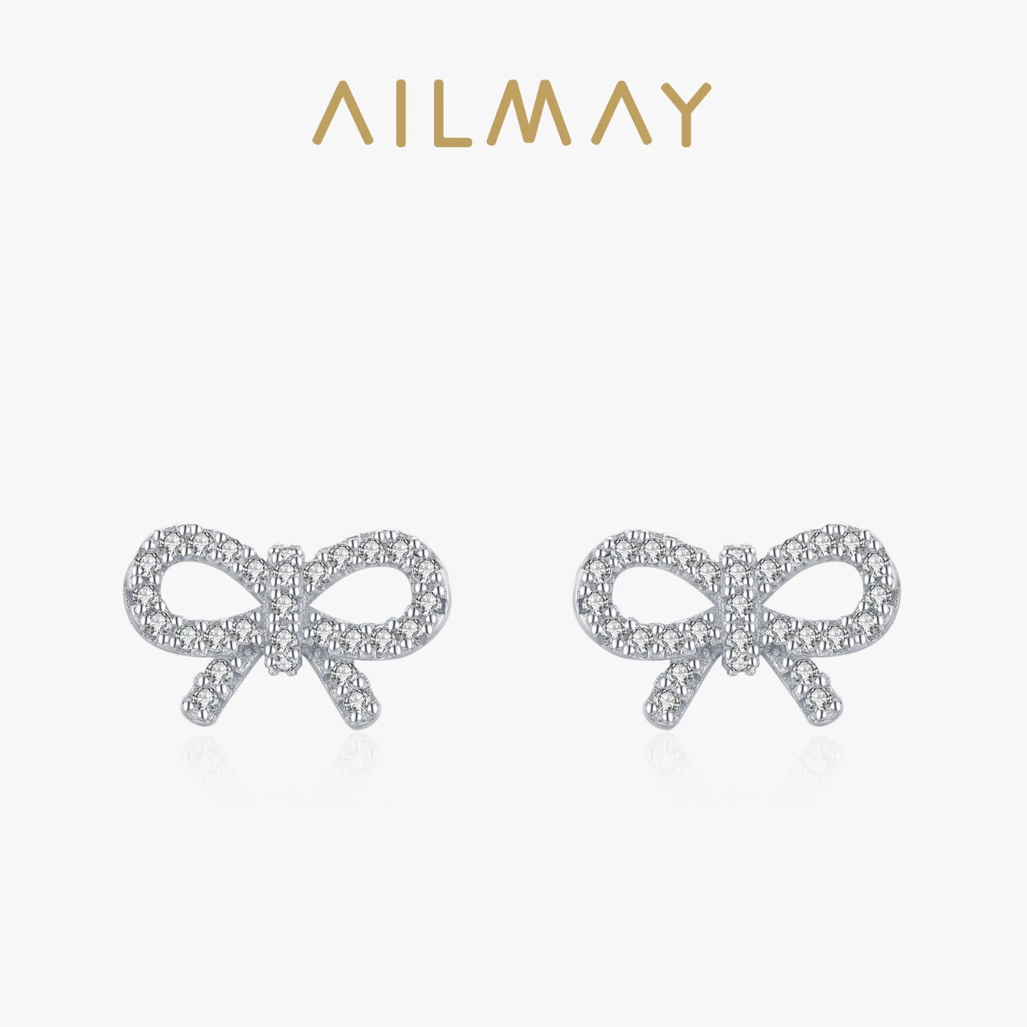 Ailmay Real 925 Sterling Silver Cute Elegant Bowknot Shiny CZ Stud Earrings For Women Girls Fine Jewelry Valentine's Day Gift