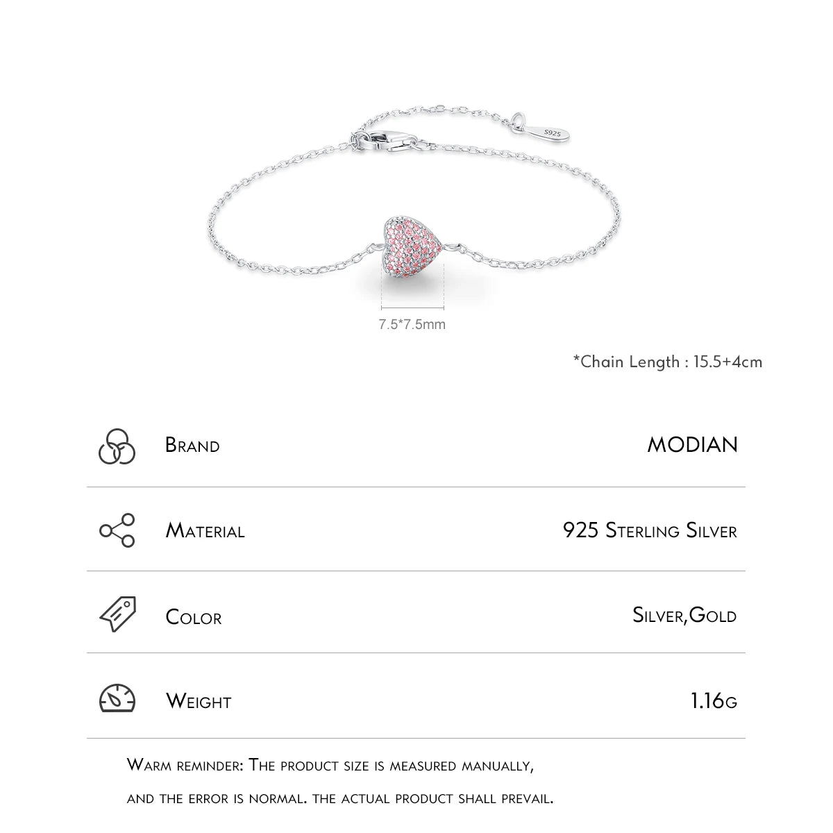 MODIAN 925 Sterling Silver Light Pink Zircon Heart Adjustable Bracelet Chain Link for Women Jewelry Romantic Anniversary Gift