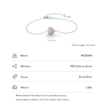 MODIAN 925 Sterling Silver Light Pink Zircon Heart Adjustable Bracelet Chain Link for Women Jewelry Romantic Anniversary Gift