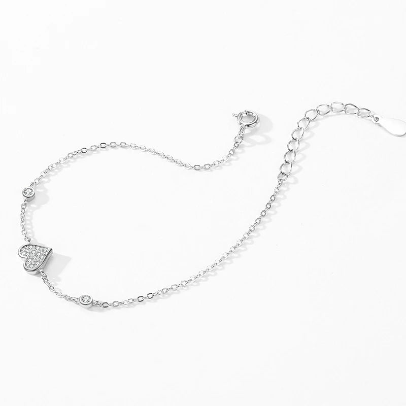 Ailmay 925 Sterling Silver Sweet Romantic Heart Clear Zircon Link Chain Bracelet For Women Wedding Engagement Jewelry Gifts