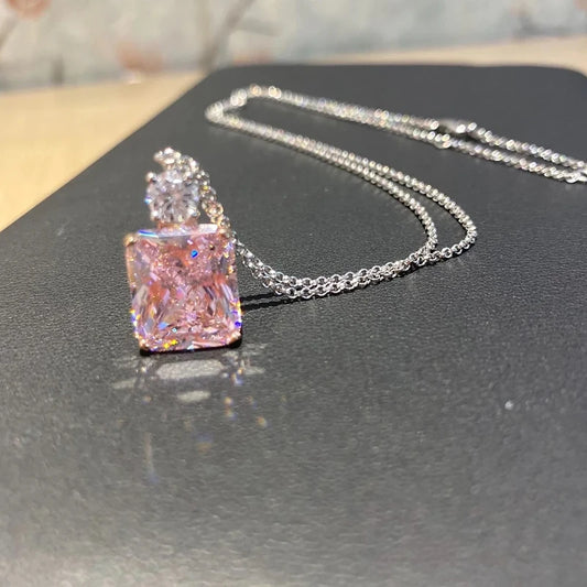 Huitan Luxury Pink Cubic Zirconia Pendant Necklace Newly Designed Women Neck Accessories Wedding Party Temperament Lady Jewelry