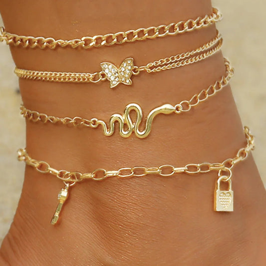 Bohemia Gold Color Snake Ankle Bracelet Set For Women Butterfly Key Lock Charm Anklet Chain On Leg Boho Jewelry Gift