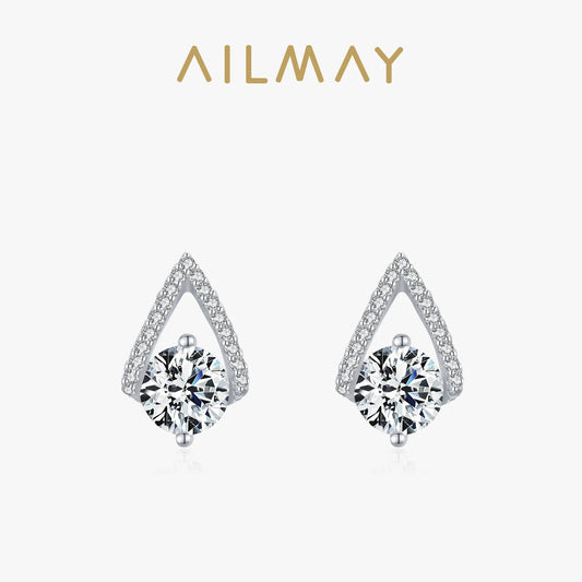 Ailmay Genuine 925 Sterling Silver Luxury Water Drop Shape Sparkling CZ Stud Earrings For Women Wedding Fine Female Jewelry