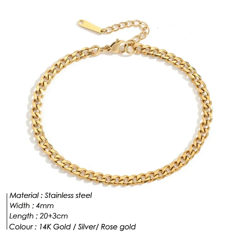 Dainty Stainless steel Gold Color Miami Cuban Link Chain Anklet Trendy 3MM Thick Curb Chain Waterproof  Jewelry for Women Gifts