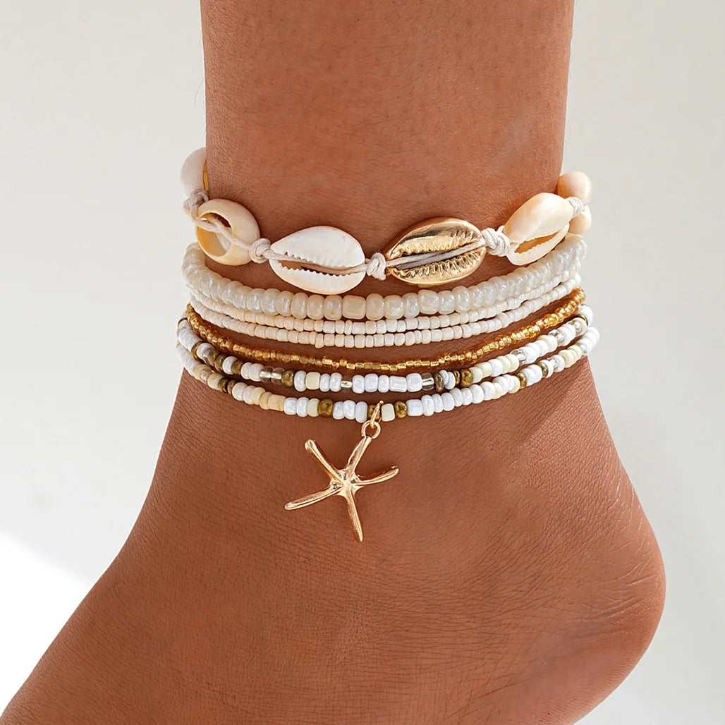 5 Pcs Exquisite Metal Butterfly Star Heart Pendant Anklets Set Bohemia Vintage Pearl Pendant Foot Bracelet Beach Woman Jewelry