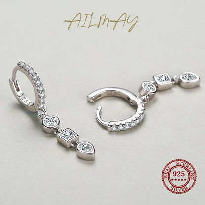 Ailmay Real 925 Sterling Silver Fashion Geometric Combination Clear CZ Hoop Earrings For Women Wedding Engagement Fine Jewelry