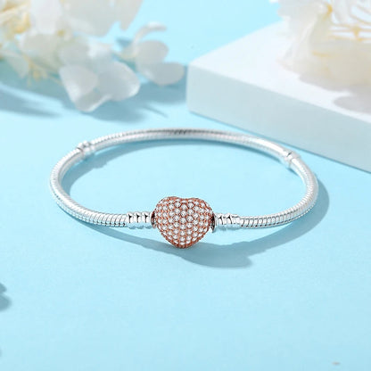 Original 925 Sterling Silver Bracelets For Women Charms Beads Rose Gold Pave CZ Love Heart Snake Chain Luxury Jewelry Gift