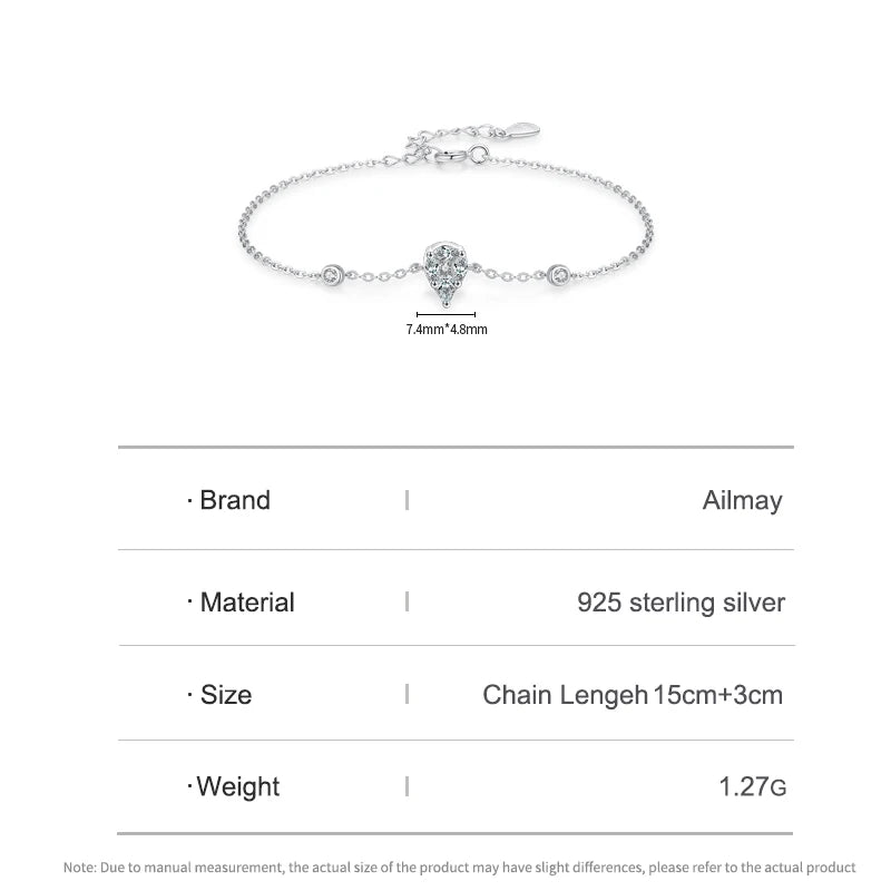 Ailmay Real 925 Sterling Silver Luxury Water Drop Clear CZ Link Chain Platinum Plated Bracelet For Women Fashion Wedding Jewelry