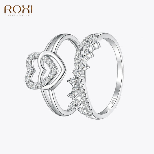 ROXI 925 Sterling Silver 18K Silver Plate Double Heart Finger Rings For Women Size 6/7/8 Engagement Wedding Party Jewelry Gifts