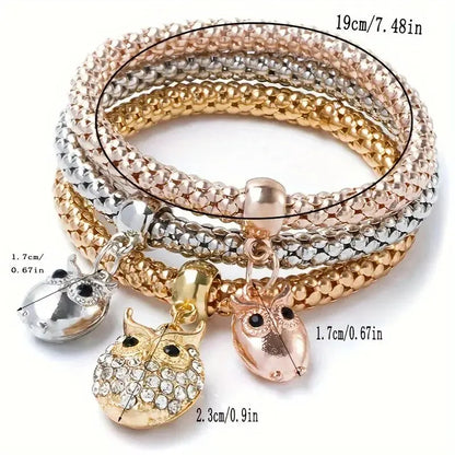 3 PCS Set Heart Lock Key Music Sign Charm Bracelet Owl Rose Gold Plating Silver Color Chain Owm Charm Bangle Jewelry Set