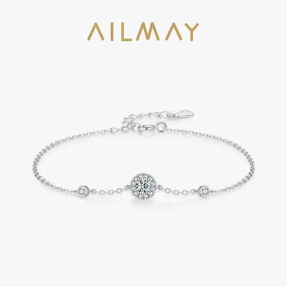 Ailmay 925 Sterling Silver Simple Fashion Round Sparkling Zirconia Link Chain Bracelet For Women Wedding Engagement Jewelry Gift