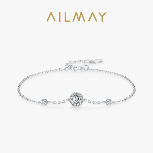 Ailmay 925 Sterling Silver Simple Fashion Round Sparkling Zirconia Link Chain Bracelet For Women Wedding Engagement Jewelry Gift