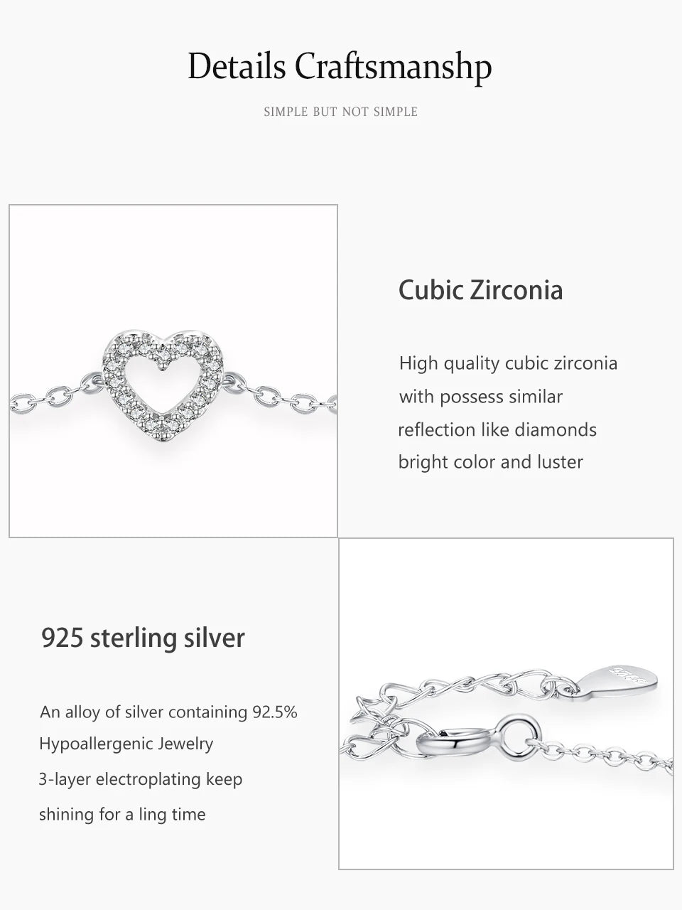 Ailmay Solid 925 Sterling Silver Charm Cute Heart Sparkling Zirconia Link Chain Bracelet For Women Female Valentine's Day Gifts