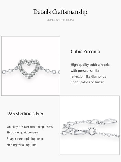 Ailmay Solid 925 Sterling Silver Charm Cute Heart Sparkling Zirconia Link Chain Bracelet For Women Female Valentine's Day Gifts