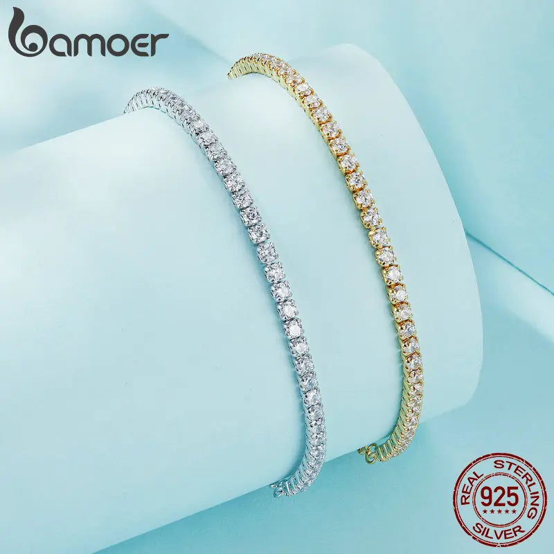 BAMOER 14K Gold Plated CZ Classic Tennis Bracelet for Women, 925 Sterling Silver Adjustable Slider Bracelet Wedding Jewelry Gift