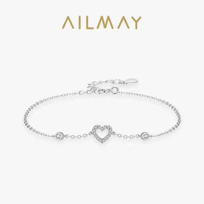 Ailmay Solid 925 Sterling Silver Charm Cute Heart Sparkling Zirconia Link Chain Bracelet For Women Female Valentine's Day Gifts