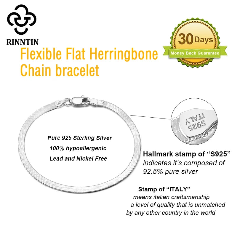 Rinntin 18K Gold 925 Sterling Silver Italian 3mm Flexible Flat Herringbone Chain Bracelet for Women Party Bangle Jewelry SB107