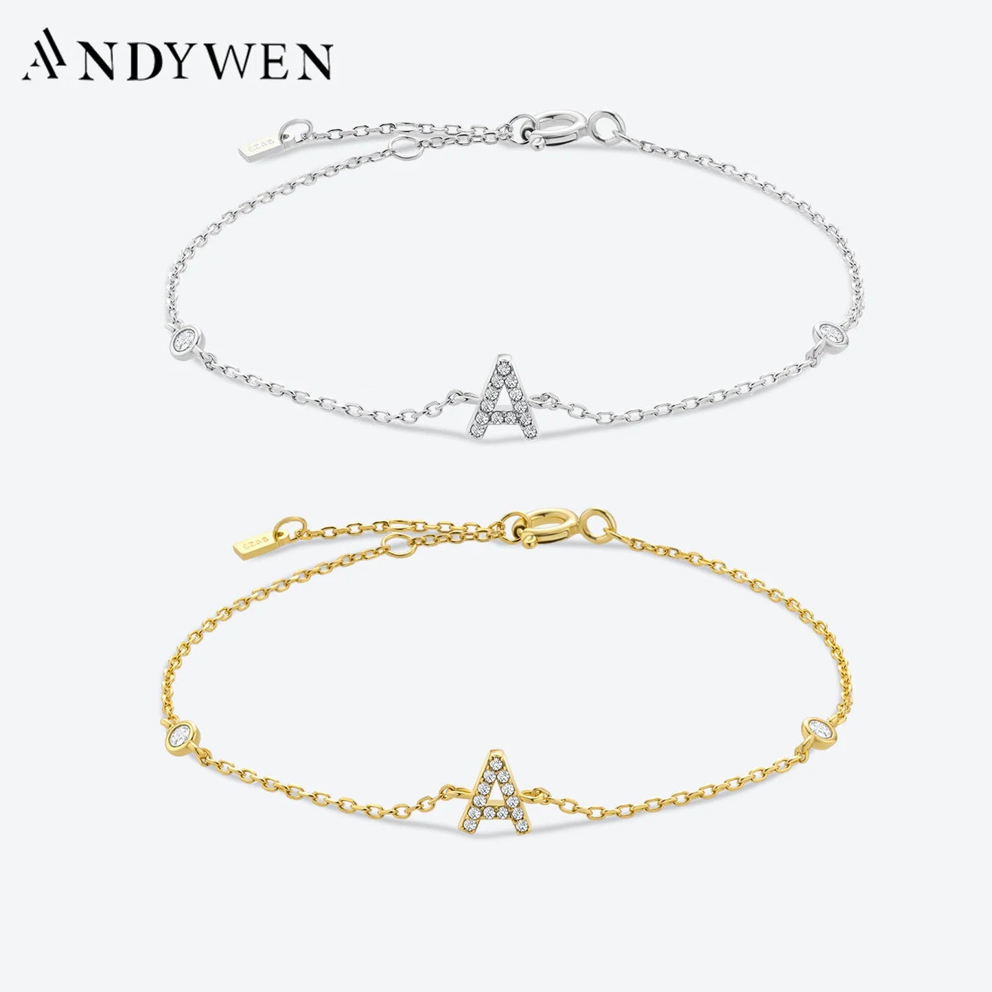 ANDYWEN 925 Sterling Silver Initial 26 Letters Alphabet Monogram Gold Name Bracelet Crystal CZ Zircon 2021 Fashionable Jewelry