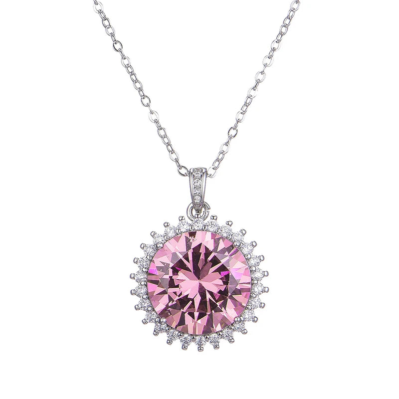 Huitan Fancy Round Pink Cubic Zirconia Pendant Necklace Exquisite Neck Accessories for Dance Party Luxury Fashion Women Jewelry