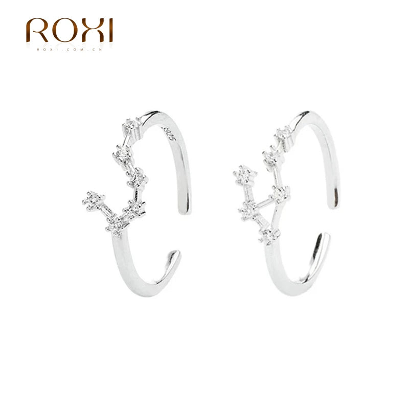 ROXI 925 Sterling Silver 12 Constellations Series Crystal Finger Rings For Women Men Couple Adjustable Jewelry Birthday Gift