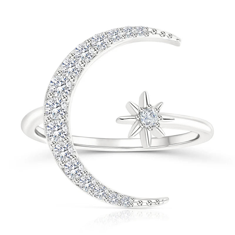 ROXI Ins Star Moon Design Ring 925 Sterling Silver Diamond Adjustable Opening Ring Ladies Summer Seaside Proposal Ring