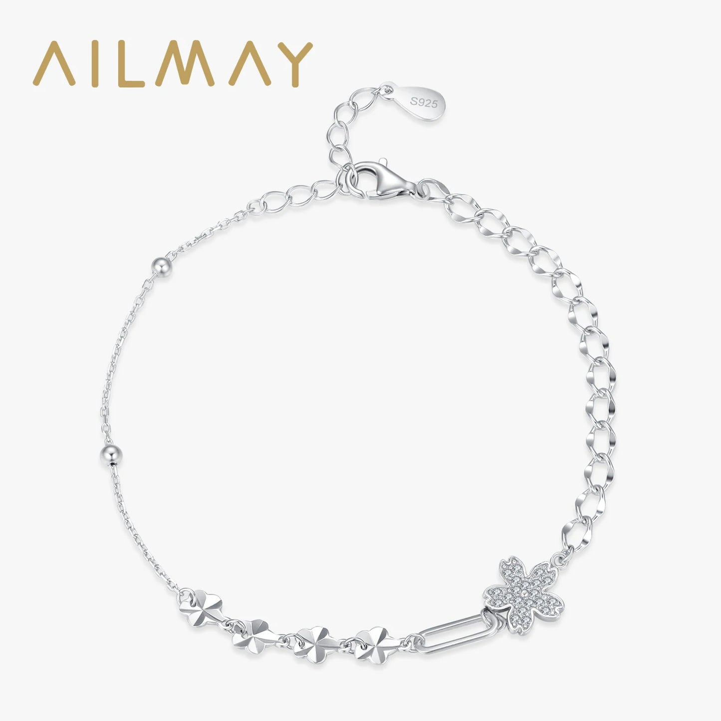 Ailmay 925 Sterling Silver Elegant Flower Clear Zircon Adjustable Link Chain Bracelet For Women Wedding Engagement Fine Jewelry