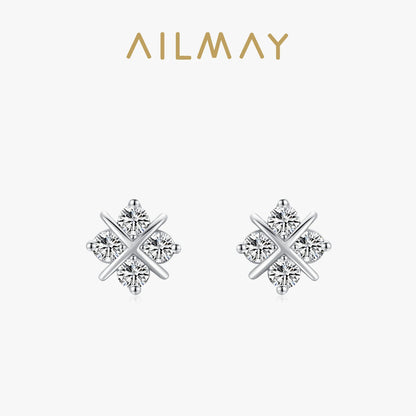 Ailmay 100% 925 Sterling Silver Exquisite Clear CZ Flower Stud Earrings For Women Simple Design Fine Hypoallergenic Jewelry