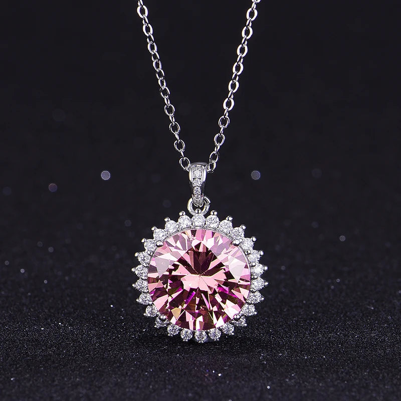 Huitan Fancy Round Pink Cubic Zirconia Pendant Necklace Exquisite Neck Accessories for Dance Party Luxury Fashion Women Jewelry