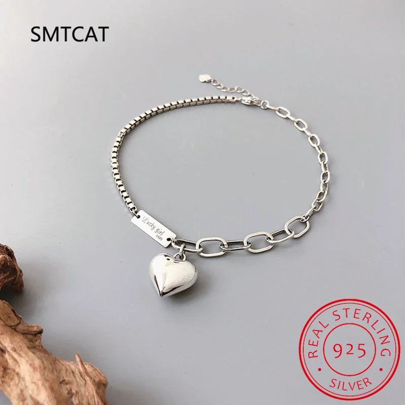 Fashion 925 Sterling Silver Summer Anklet Bracelet for Women Vintage Thai Silver LOVE Heart Pendant Lovely Girl Party Jewelry