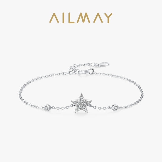 Ailmay 925 Sterling Silver Dazzling CZ Star Link Chain Platinum Plated Bracelet For Women Engagement Anniversary Jewelry Gifts