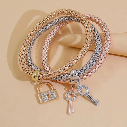 3 PCS Set Heart Lock Key Music Sign Charm Bracelet Owl Rose Gold Plating Silver Color Chain Owm Charm Bangle Jewelry Set