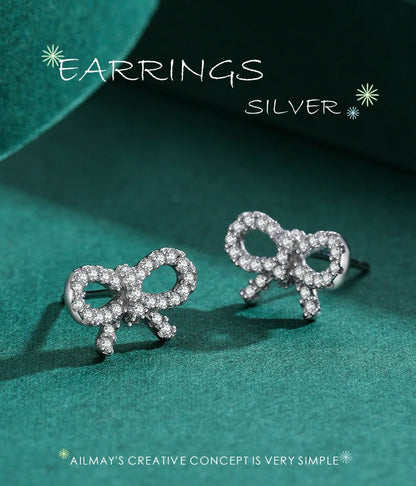 Ailmay Real 925 Sterling Silver Cute Elegant Bowknot Shiny CZ Stud Earrings For Women Girls Fine Jewelry Valentine's Day Gift