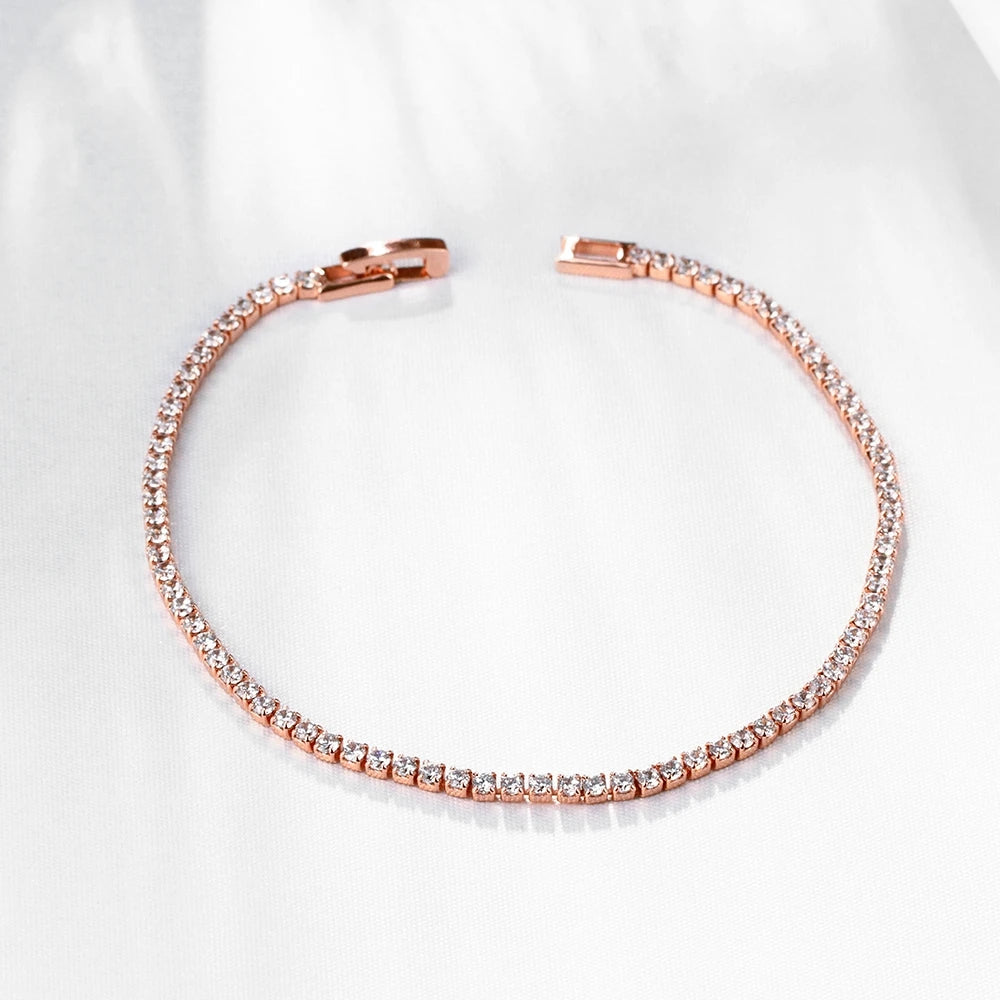 Rose Gold 925 Silver Jewelry 16-18cm Tennis Bracelet 2mm Zirconia Anniversary Gift Genuine Sterling Silver Bracelet