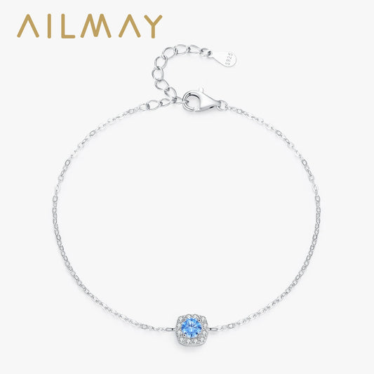 Ailmay 100% 925 Sterling Silver Elegant Sea Blue Zircon Geometric Chain Bracelet for Women Fine Jewelry  Fashion Wedding Gift