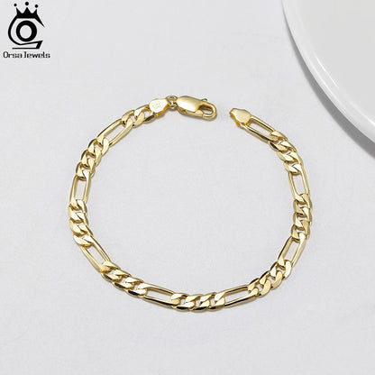 ORSA JEWELS Italian 14K Gold 5mm Diamond-Cut Figaro Chain Bracelet for Women Men Fashion 925 Silver Bracelet Party Jewelry SB66