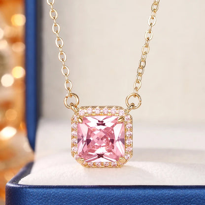 Huitan Square-shaped Pink Cubic Zirconia Pendent Necklace for Women Engagement Wedding Party Luxury Trendy New Necklace Jewelry